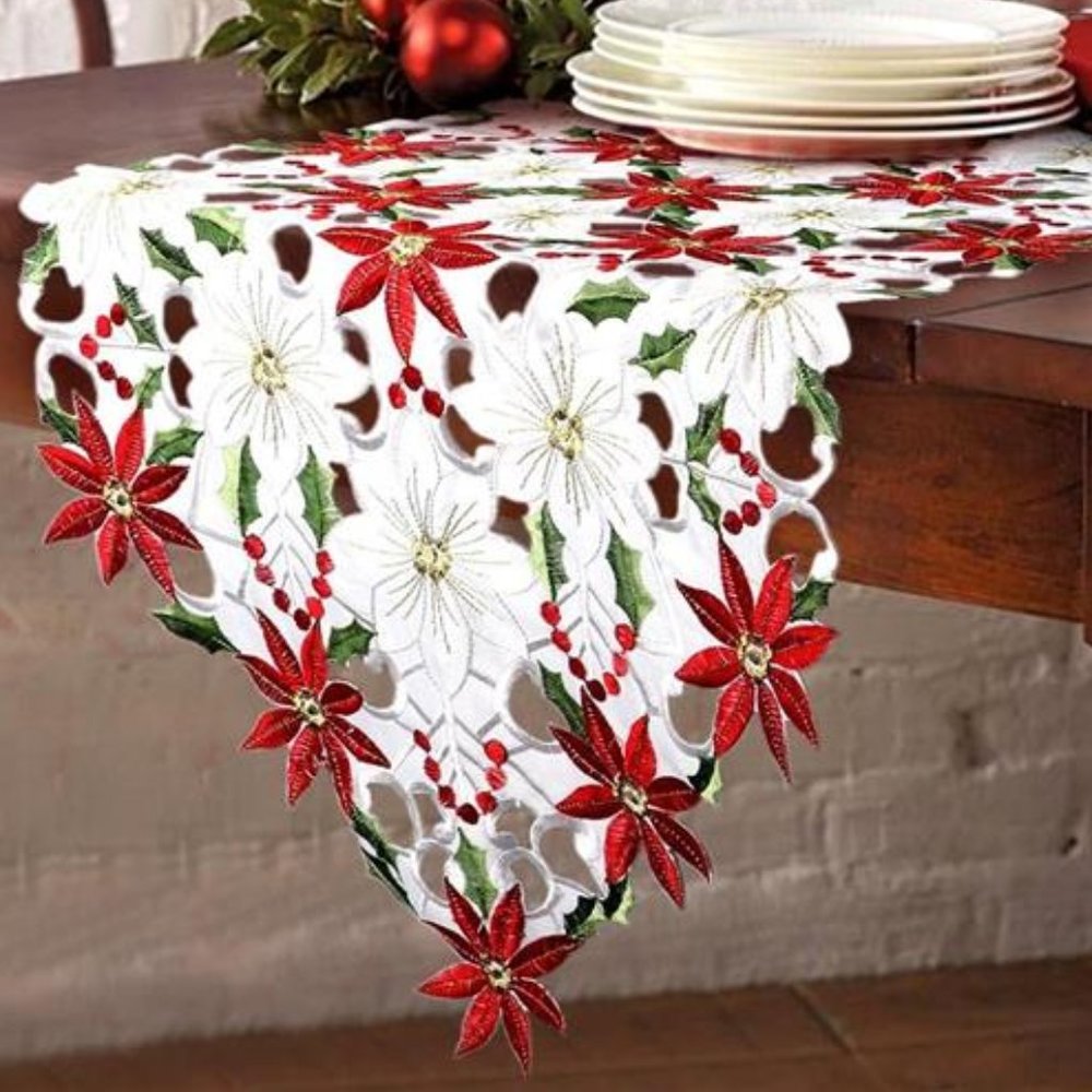 Christmas Table Runner Embroidered Decorative Cloth Poinsettia Holiday Decor 70"
